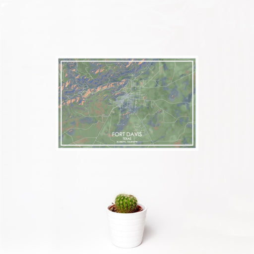 12x18 Fort Davis Texas Map Print Landscape Orientation in Afternoon Style With Small Cactus Plant in White Planter