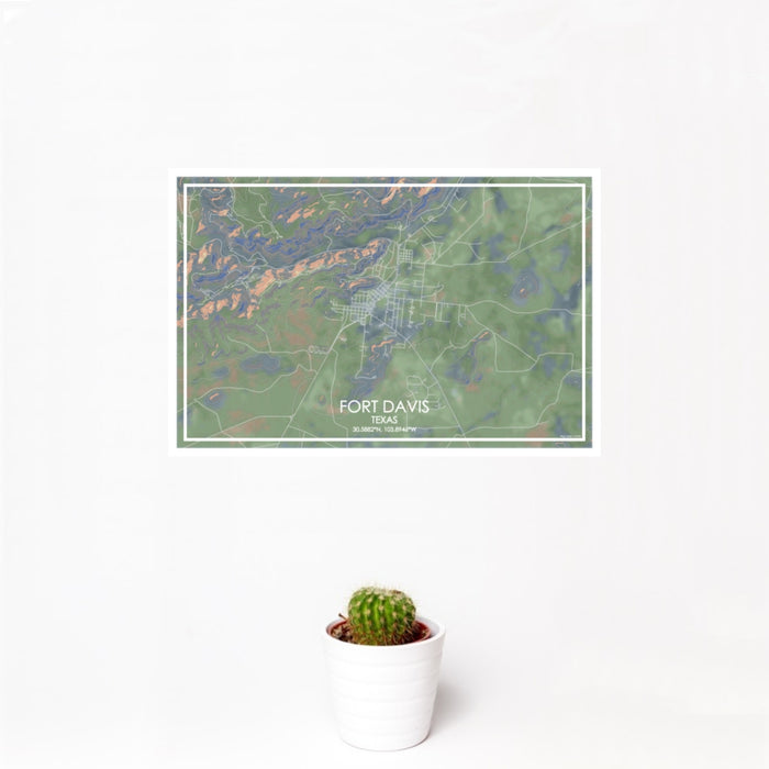 12x18 Fort Davis Texas Map Print Landscape Orientation in Afternoon Style With Small Cactus Plant in White Planter