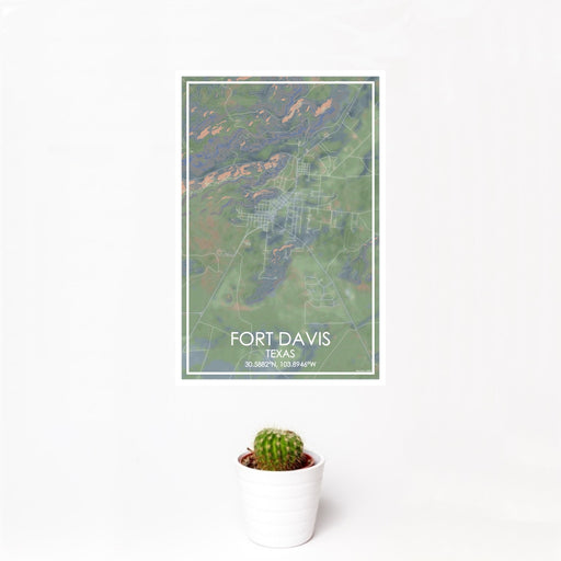 12x18 Fort Davis Texas Map Print Portrait Orientation in Afternoon Style With Small Cactus Plant in White Planter