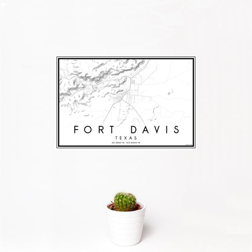 12x18 Fort Davis Texas Map Print Landscape Orientation in Classic Style With Small Cactus Plant in White Planter