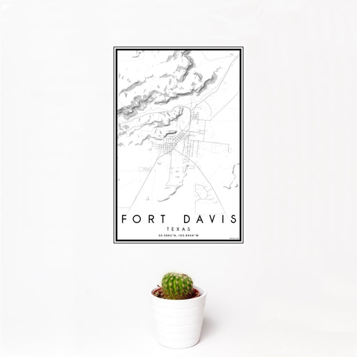12x18 Fort Davis Texas Map Print Portrait Orientation in Classic Style With Small Cactus Plant in White Planter