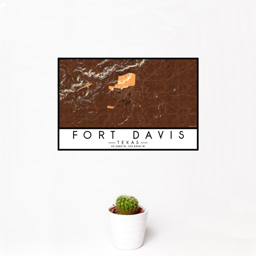 12x18 Fort Davis Texas Map Print Landscape Orientation in Ember Style With Small Cactus Plant in White Planter