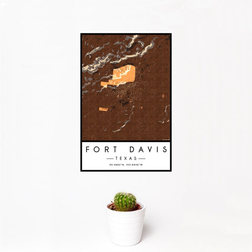 12x18 Fort Davis Texas Map Print Portrait Orientation in Ember Style With Small Cactus Plant in White Planter