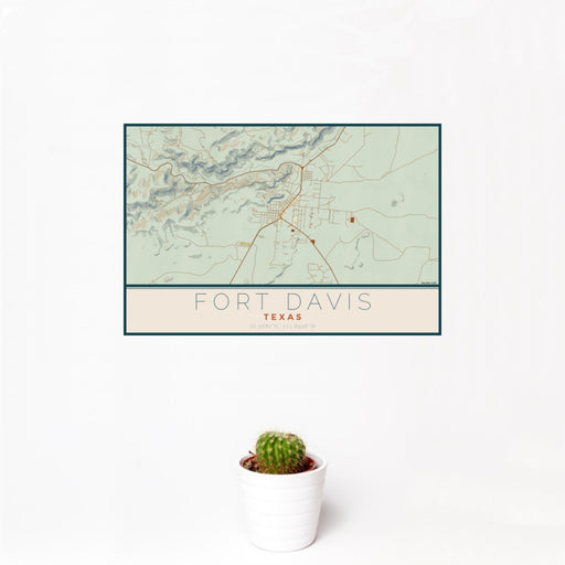 12x18 Fort Davis Texas Map Print Landscape Orientation in Woodblock Style With Small Cactus Plant in White Planter