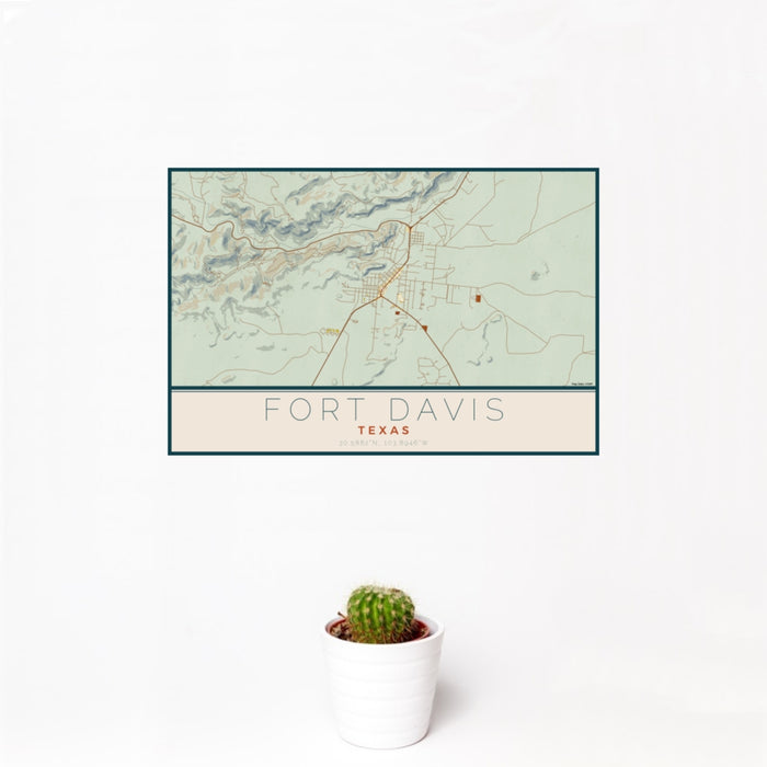 12x18 Fort Davis Texas Map Print Landscape Orientation in Woodblock Style With Small Cactus Plant in White Planter
