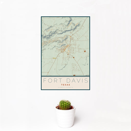 12x18 Fort Davis Texas Map Print Portrait Orientation in Woodblock Style With Small Cactus Plant in White Planter