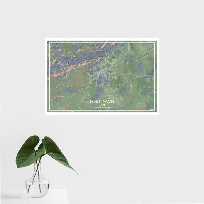 16x24 Fort Davis Texas Map Print Landscape Orientation in Afternoon Style With Tropical Plant Leaves in Water
