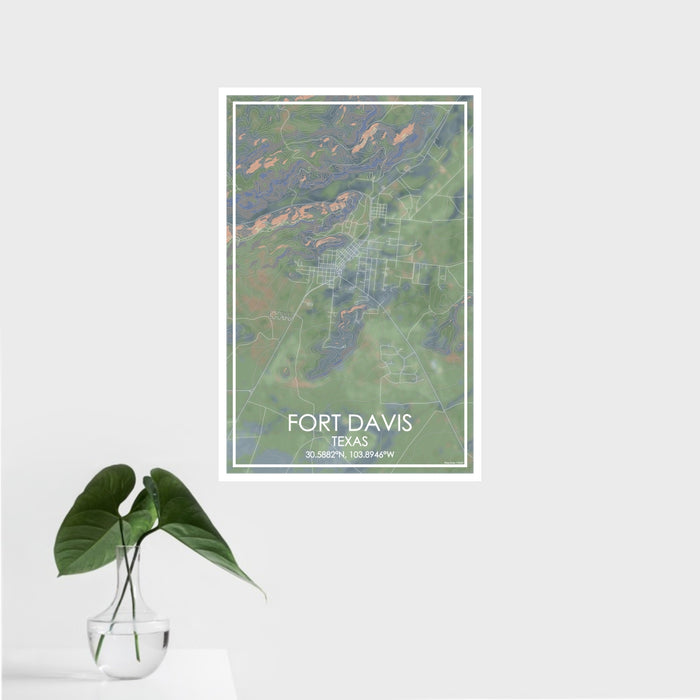 16x24 Fort Davis Texas Map Print Portrait Orientation in Afternoon Style With Tropical Plant Leaves in Water