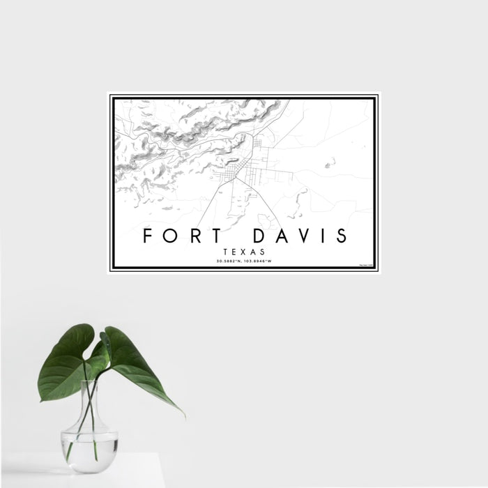 16x24 Fort Davis Texas Map Print Landscape Orientation in Classic Style With Tropical Plant Leaves in Water