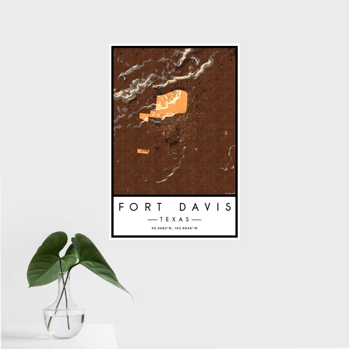 16x24 Fort Davis Texas Map Print Portrait Orientation in Ember Style With Tropical Plant Leaves in Water