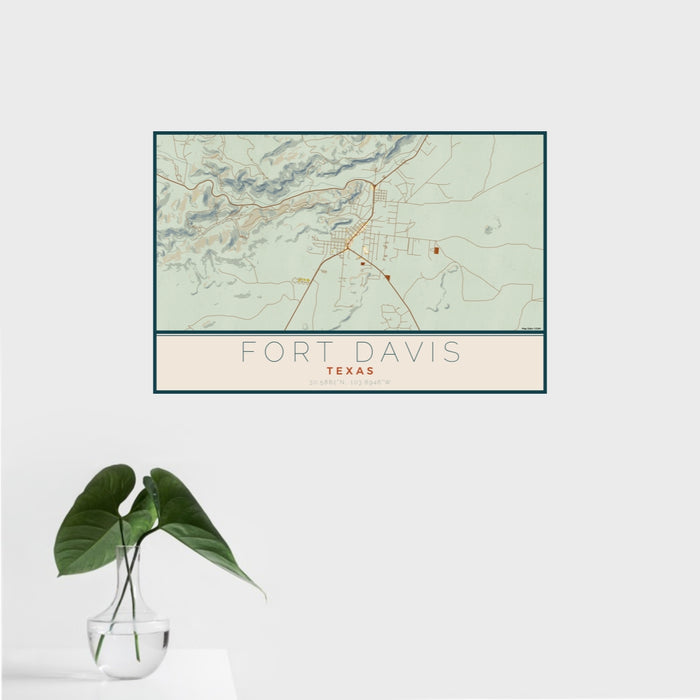 16x24 Fort Davis Texas Map Print Landscape Orientation in Woodblock Style With Tropical Plant Leaves in Water