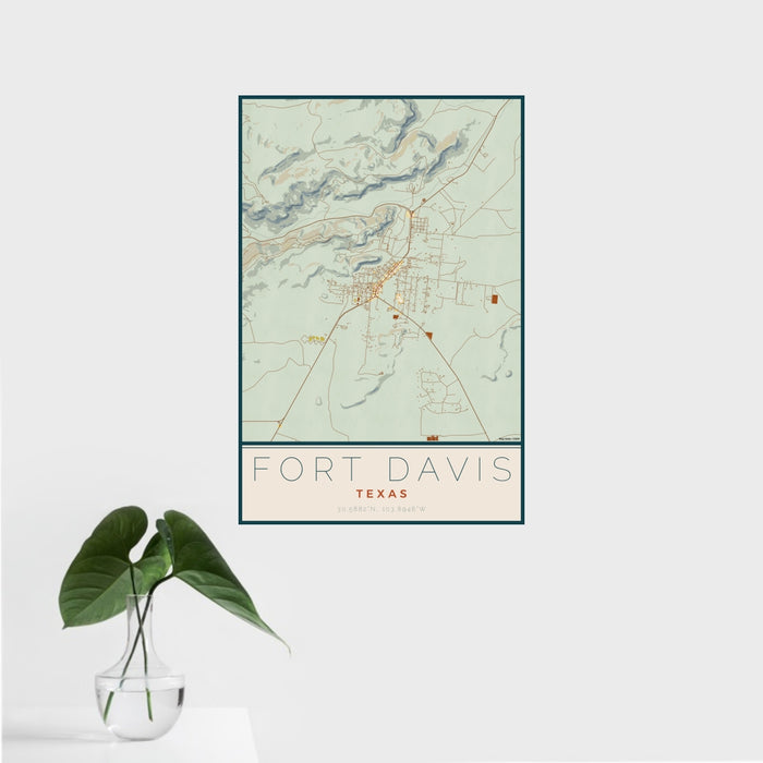 16x24 Fort Davis Texas Map Print Portrait Orientation in Woodblock Style With Tropical Plant Leaves in Water