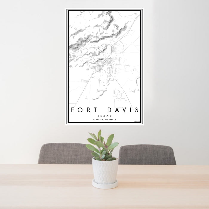 24x36 Fort Davis Texas Map Print Portrait Orientation in Classic Style Behind 2 Chairs Table and Potted Plant
