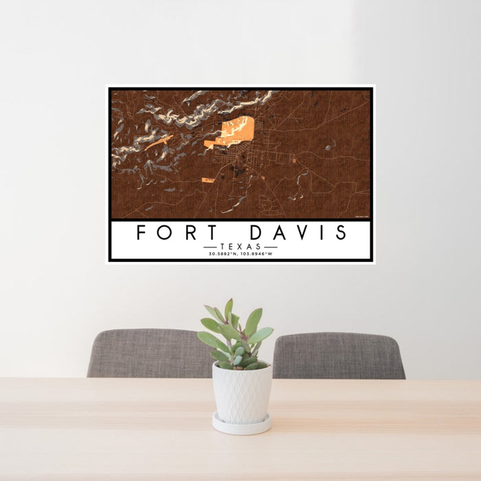 24x36 Fort Davis Texas Map Print Lanscape Orientation in Ember Style Behind 2 Chairs Table and Potted Plant