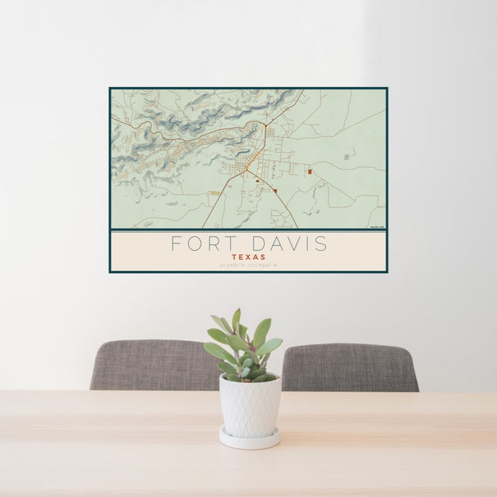 24x36 Fort Davis Texas Map Print Lanscape Orientation in Woodblock Style Behind 2 Chairs Table and Potted Plant