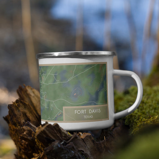 Right View Custom Fort Davis Texas Map Enamel Mug in Afternoon on Grass With Trees in Background