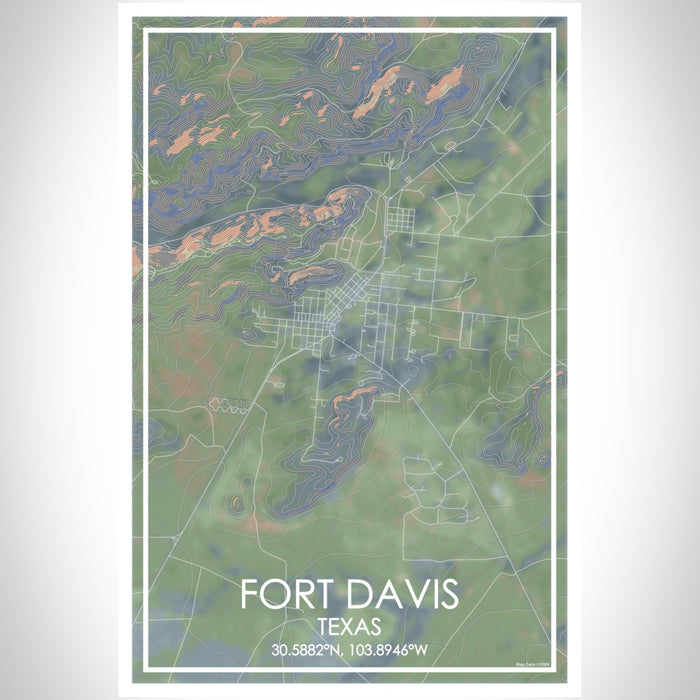 Fort Davis Texas Map Print Portrait Orientation in Afternoon Style With Shaded Background