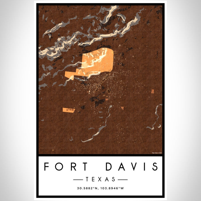 Fort Davis Texas Map Print Portrait Orientation in Ember Style With Shaded Background
