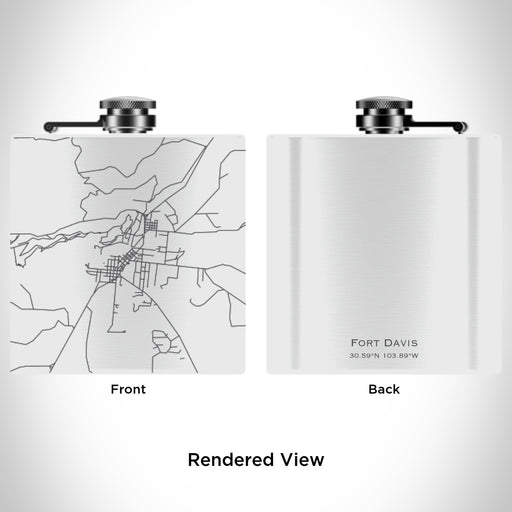 Rendered View of Fort Davis Texas Map Engraving on 6oz Stainless Steel Flask in White