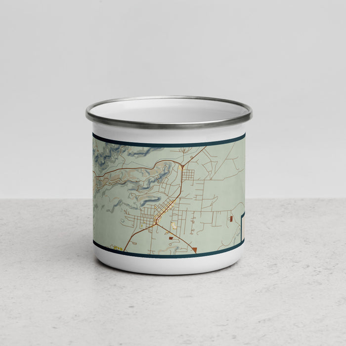 Front View Custom Fort Davis Texas Map Enamel Mug in Woodblock