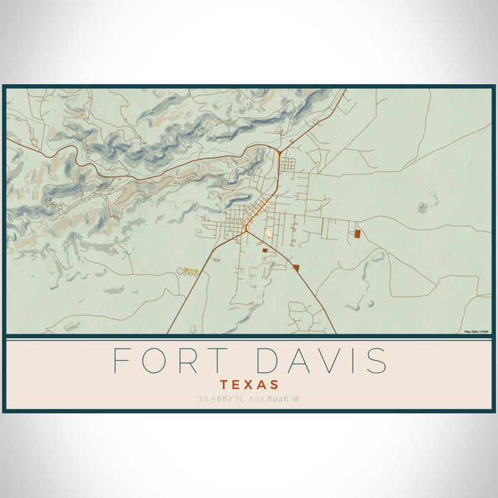 Fort Davis Texas Map Print Landscape Orientation in Woodblock Style With Shaded Background