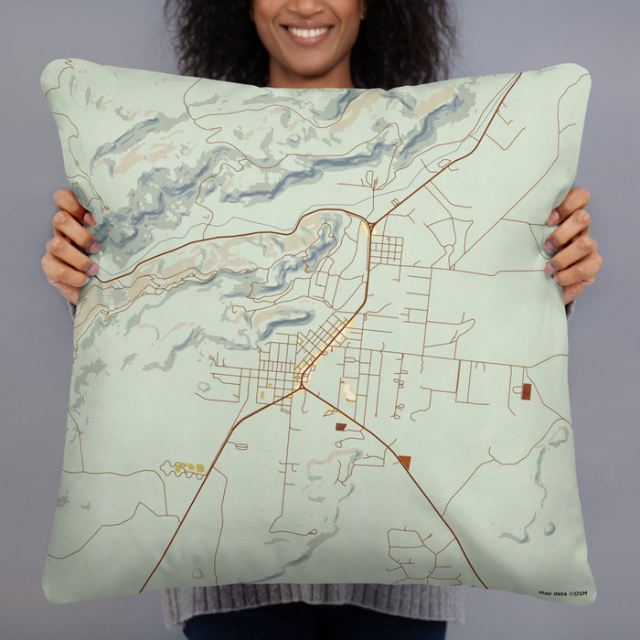 Person holding 22x22 Custom Fort Davis Texas Map Throw Pillow in Woodblock
