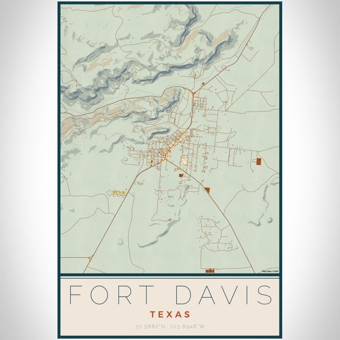 Fort Davis Texas Map Print Portrait Orientation in Woodblock Style With Shaded Background