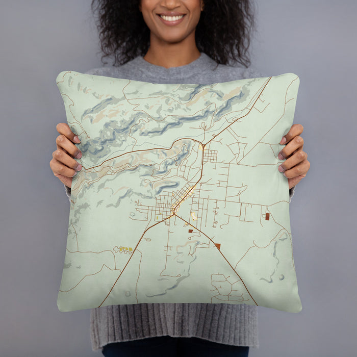 Person holding 18x18 Custom Fort Davis Texas Map Throw Pillow in Woodblock