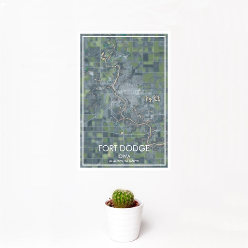 12x18 Fort Dodge Iowa Map Print Portrait Orientation in Afternoon Style With Small Cactus Plant in White Planter