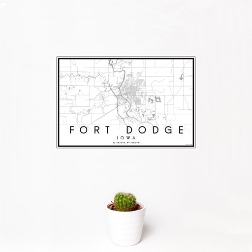 12x18 Fort Dodge Iowa Map Print Landscape Orientation in Classic Style With Small Cactus Plant in White Planter