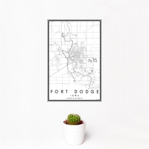 12x18 Fort Dodge Iowa Map Print Portrait Orientation in Classic Style With Small Cactus Plant in White Planter