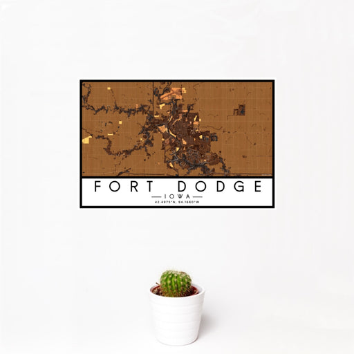 12x18 Fort Dodge Iowa Map Print Landscape Orientation in Ember Style With Small Cactus Plant in White Planter