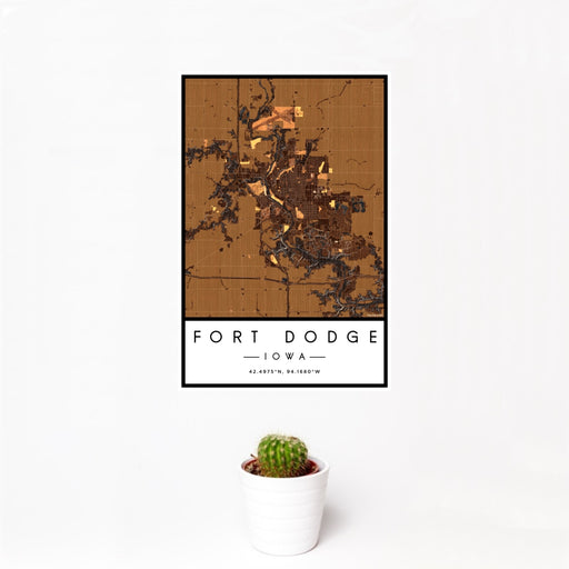 12x18 Fort Dodge Iowa Map Print Portrait Orientation in Ember Style With Small Cactus Plant in White Planter