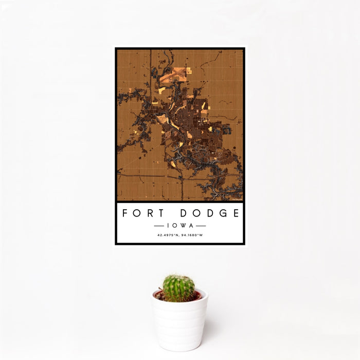 12x18 Fort Dodge Iowa Map Print Portrait Orientation in Ember Style With Small Cactus Plant in White Planter