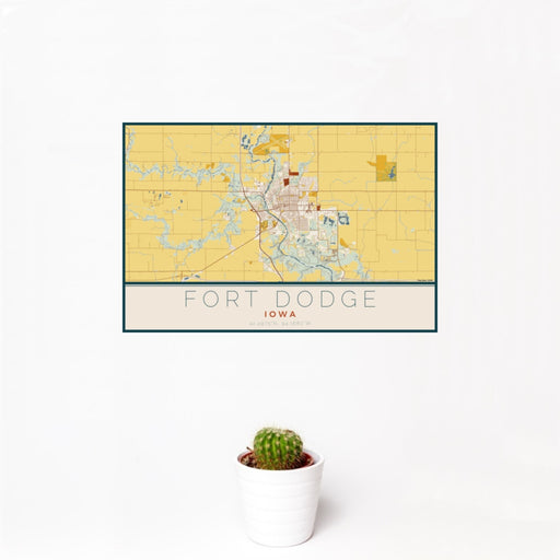 12x18 Fort Dodge Iowa Map Print Landscape Orientation in Woodblock Style With Small Cactus Plant in White Planter