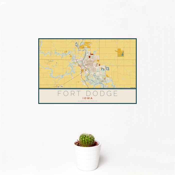 12x18 Fort Dodge Iowa Map Print Landscape Orientation in Woodblock Style With Small Cactus Plant in White Planter