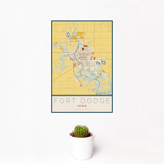 12x18 Fort Dodge Iowa Map Print Portrait Orientation in Woodblock Style With Small Cactus Plant in White Planter