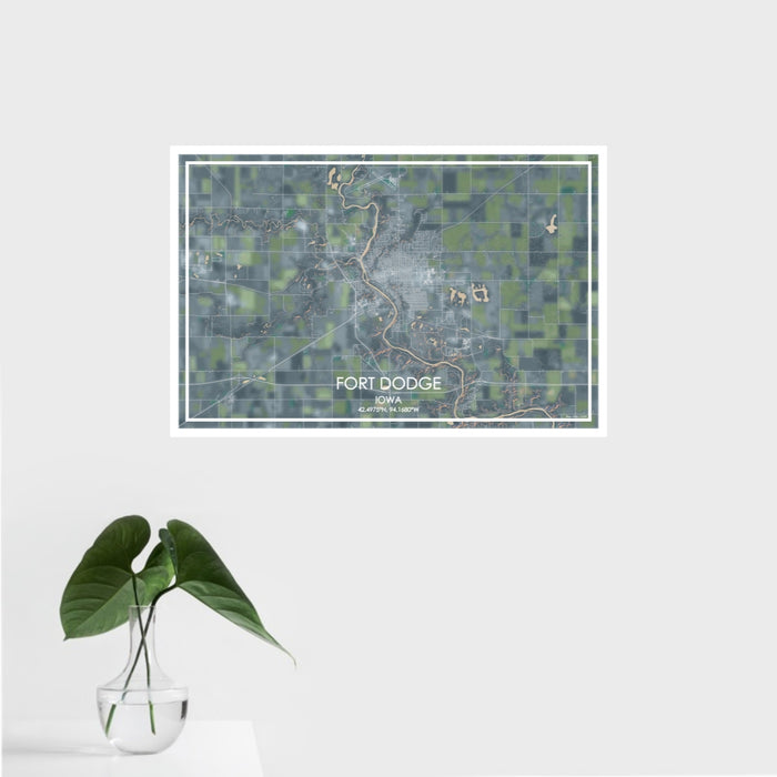 16x24 Fort Dodge Iowa Map Print Landscape Orientation in Afternoon Style With Tropical Plant Leaves in Water