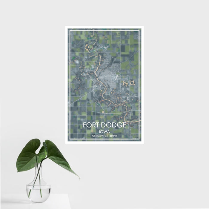 16x24 Fort Dodge Iowa Map Print Portrait Orientation in Afternoon Style With Tropical Plant Leaves in Water