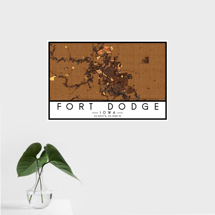 16x24 Fort Dodge Iowa Map Print Landscape Orientation in Ember Style With Tropical Plant Leaves in Water