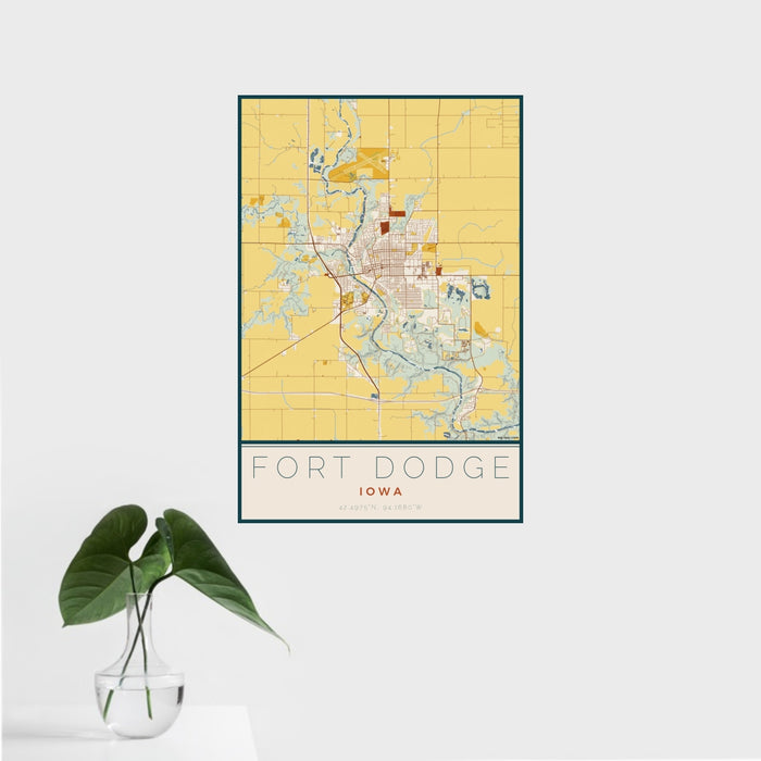 16x24 Fort Dodge Iowa Map Print Portrait Orientation in Woodblock Style With Tropical Plant Leaves in Water