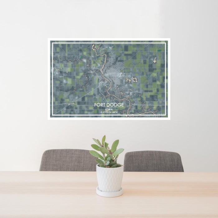 24x36 Fort Dodge Iowa Map Print Lanscape Orientation in Afternoon Style Behind 2 Chairs Table and Potted Plant