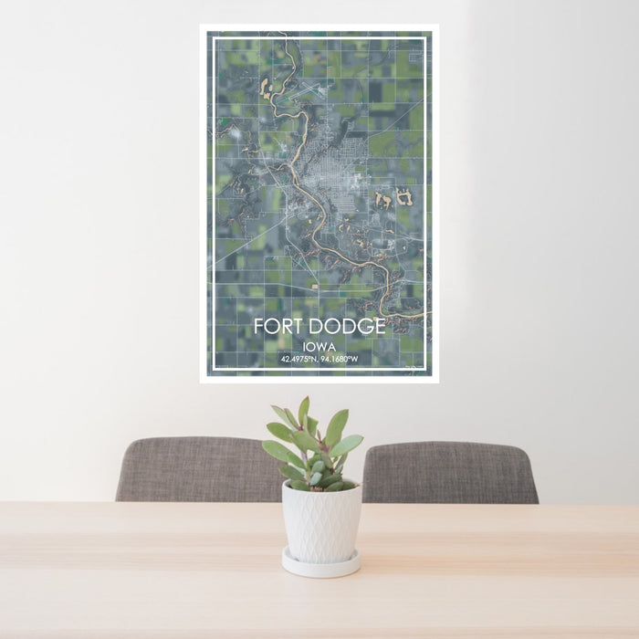 24x36 Fort Dodge Iowa Map Print Portrait Orientation in Afternoon Style Behind 2 Chairs Table and Potted Plant