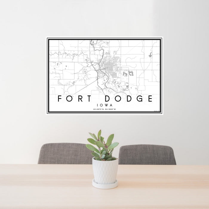 24x36 Fort Dodge Iowa Map Print Lanscape Orientation in Classic Style Behind 2 Chairs Table and Potted Plant