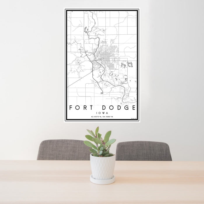 24x36 Fort Dodge Iowa Map Print Portrait Orientation in Classic Style Behind 2 Chairs Table and Potted Plant