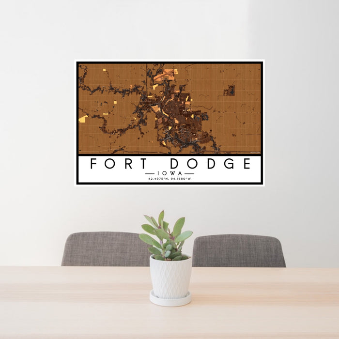 24x36 Fort Dodge Iowa Map Print Lanscape Orientation in Ember Style Behind 2 Chairs Table and Potted Plant