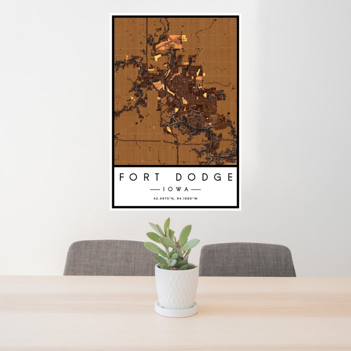 24x36 Fort Dodge Iowa Map Print Portrait Orientation in Ember Style Behind 2 Chairs Table and Potted Plant