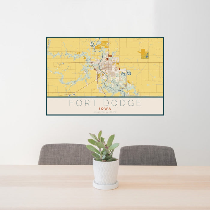 24x36 Fort Dodge Iowa Map Print Lanscape Orientation in Woodblock Style Behind 2 Chairs Table and Potted Plant