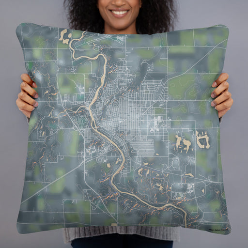 Person holding 22x22 Custom Fort Dodge Iowa Map Throw Pillow in Afternoon
