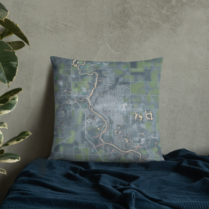 Custom Fort Dodge Iowa Map Throw Pillow in Afternoon on Bedding Against Wall
